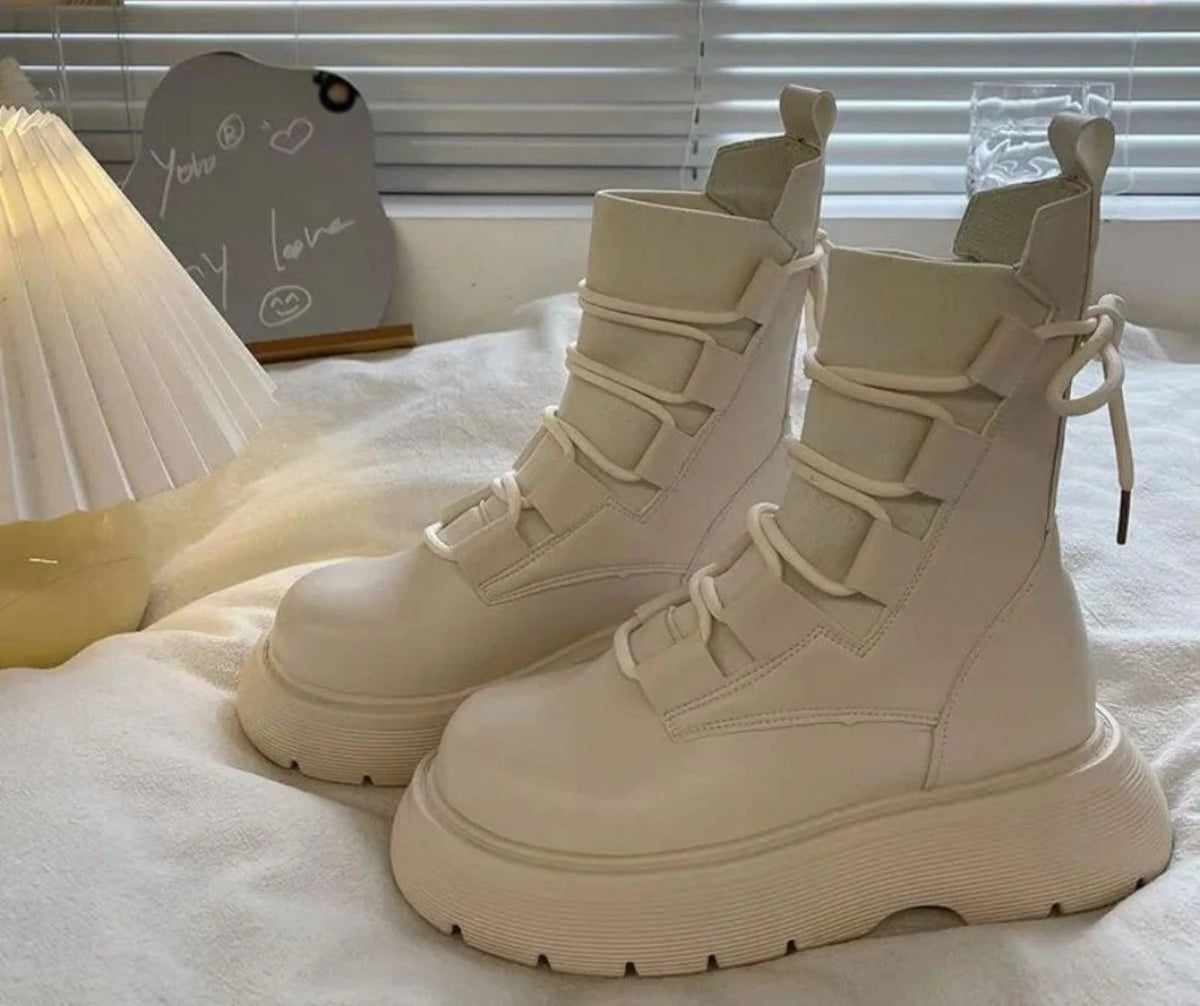 Botas de combate de cuero sintético para mujer con suela plataforma y hebillas