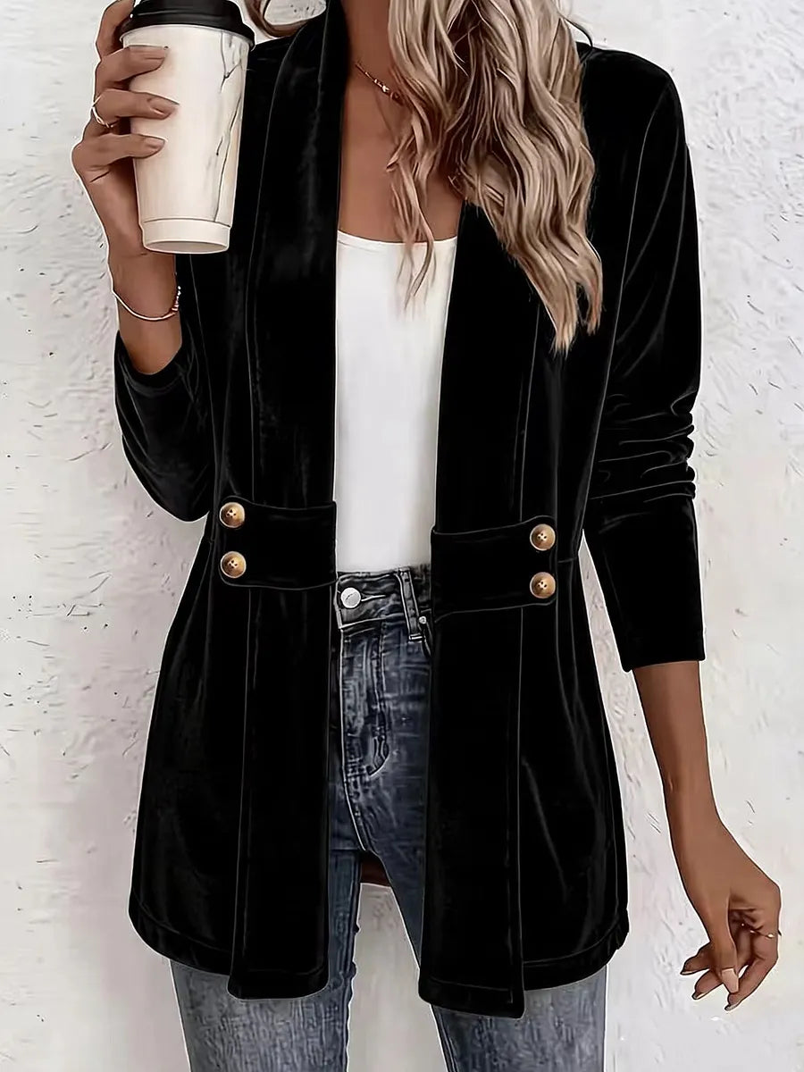 Blazer largo de terciopelo para mujer con solapas en la cintura