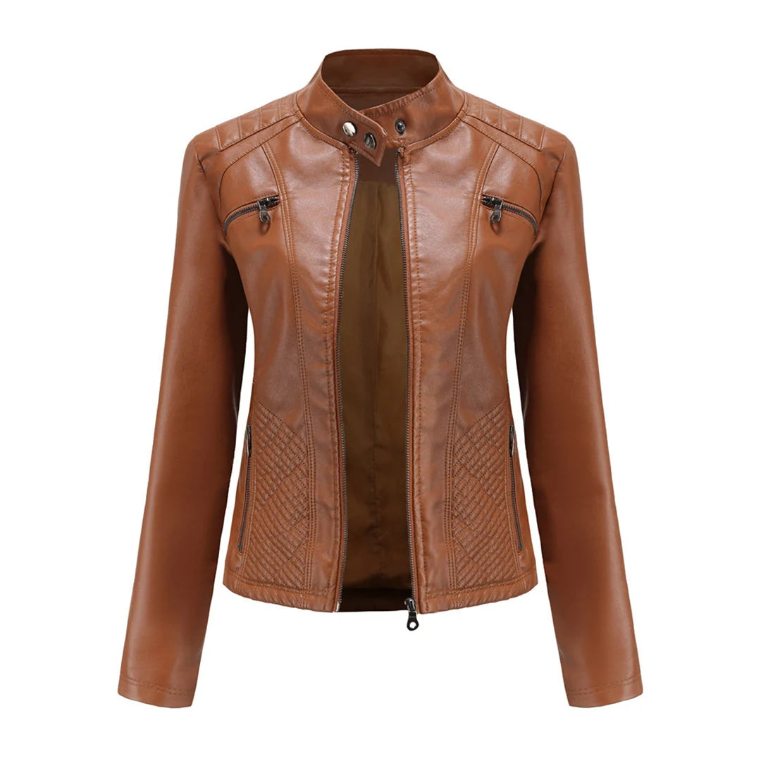 Chaqueta de cuero para mujer con cremallera asimétrica