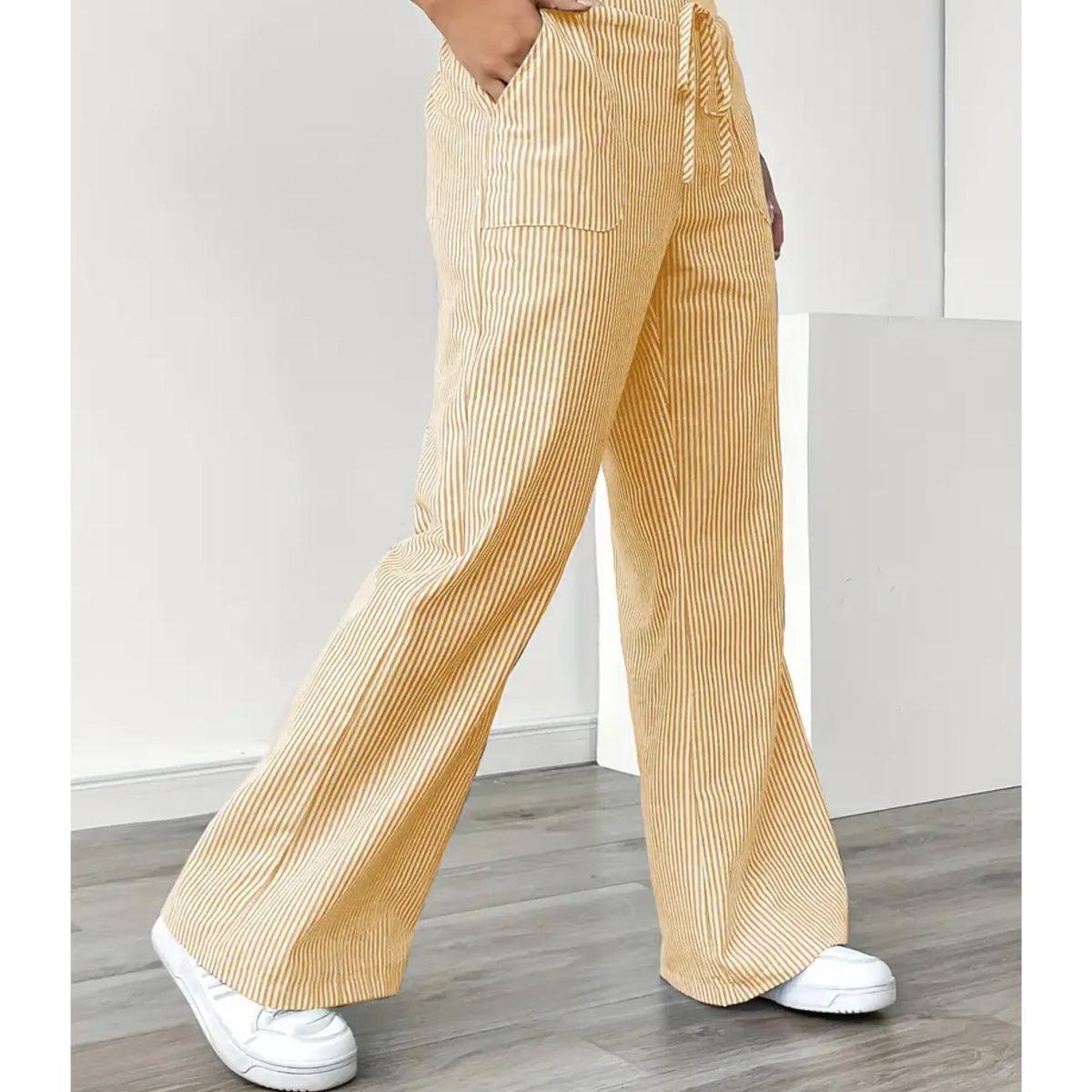 Pantalones palazzo para mujer con cintura de cordón y bolsillos