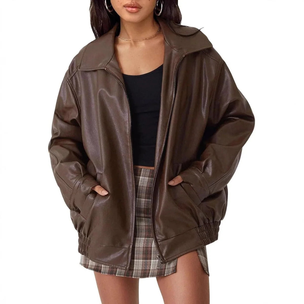 Chaqueta bomber de cuero sintético para mujer con bolsillos laterales profundos