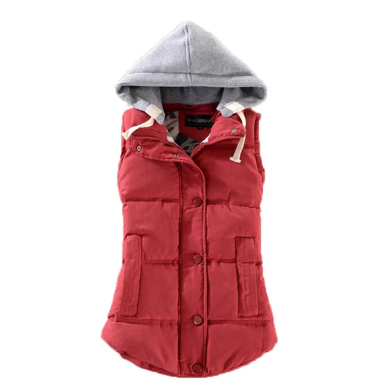 Chaleco térmico acolchado para mujer con capucha en contraste