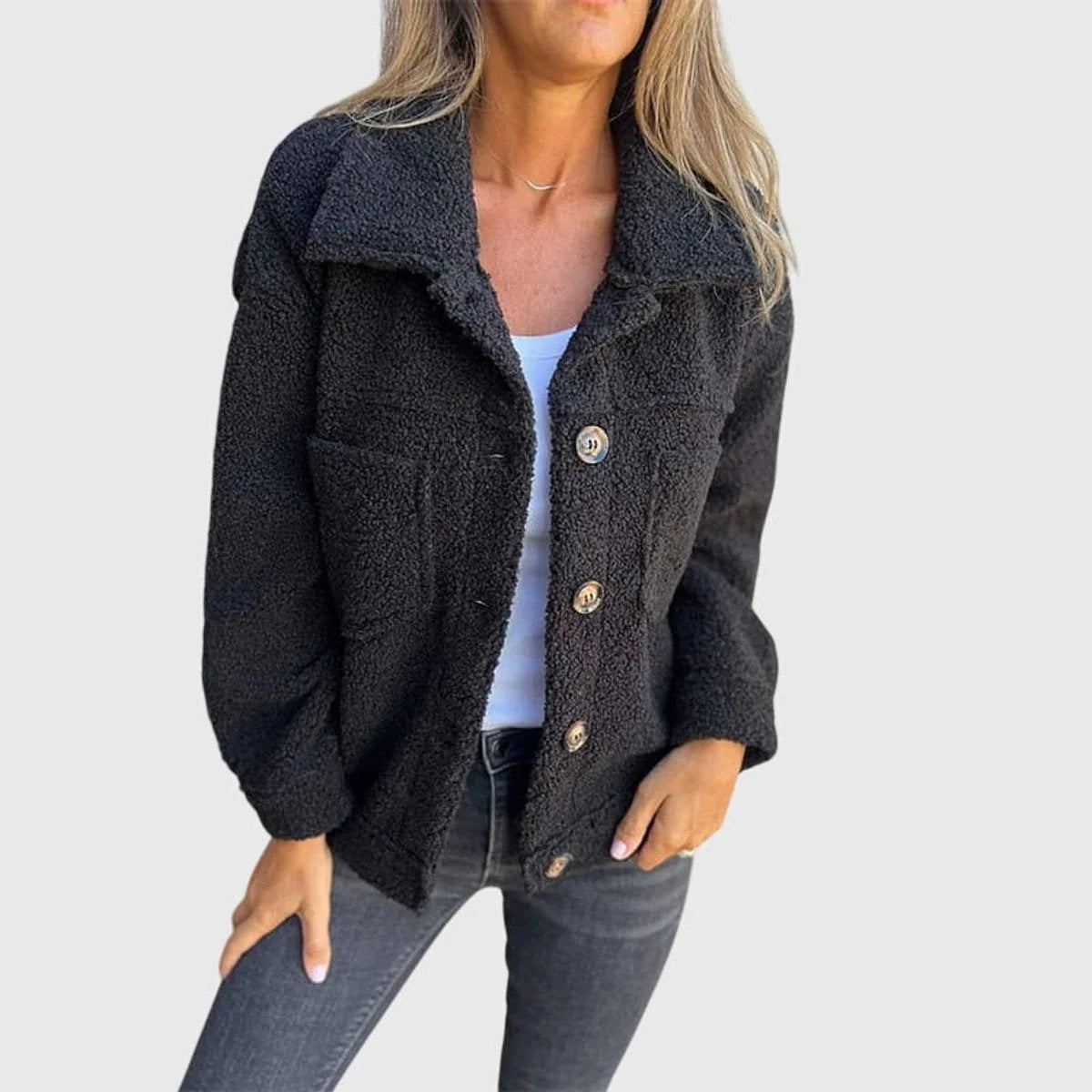 Chaqueta de forro polar Sherpa para mujer con gran botonadura