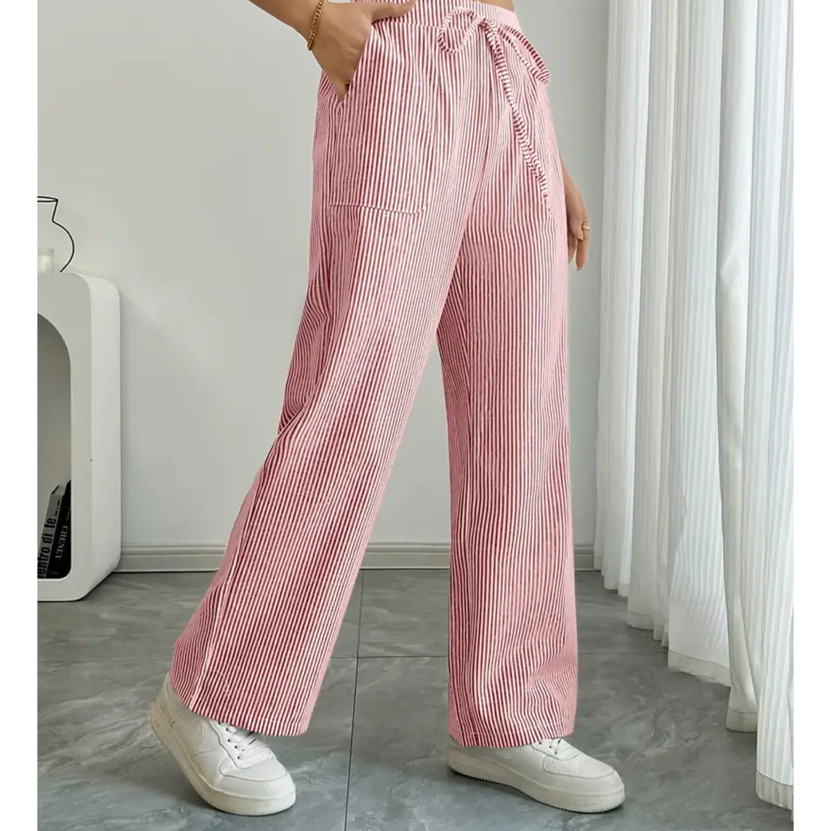 Pantalones palazzo para mujer con cintura de cordón y bolsillos