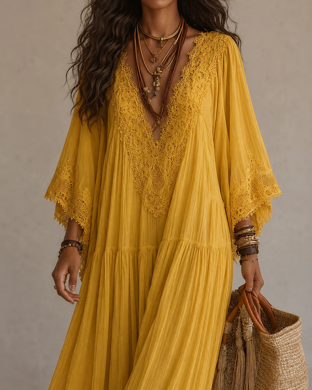 Vestido largo de gasa para mujer con encaje y falda de volantes