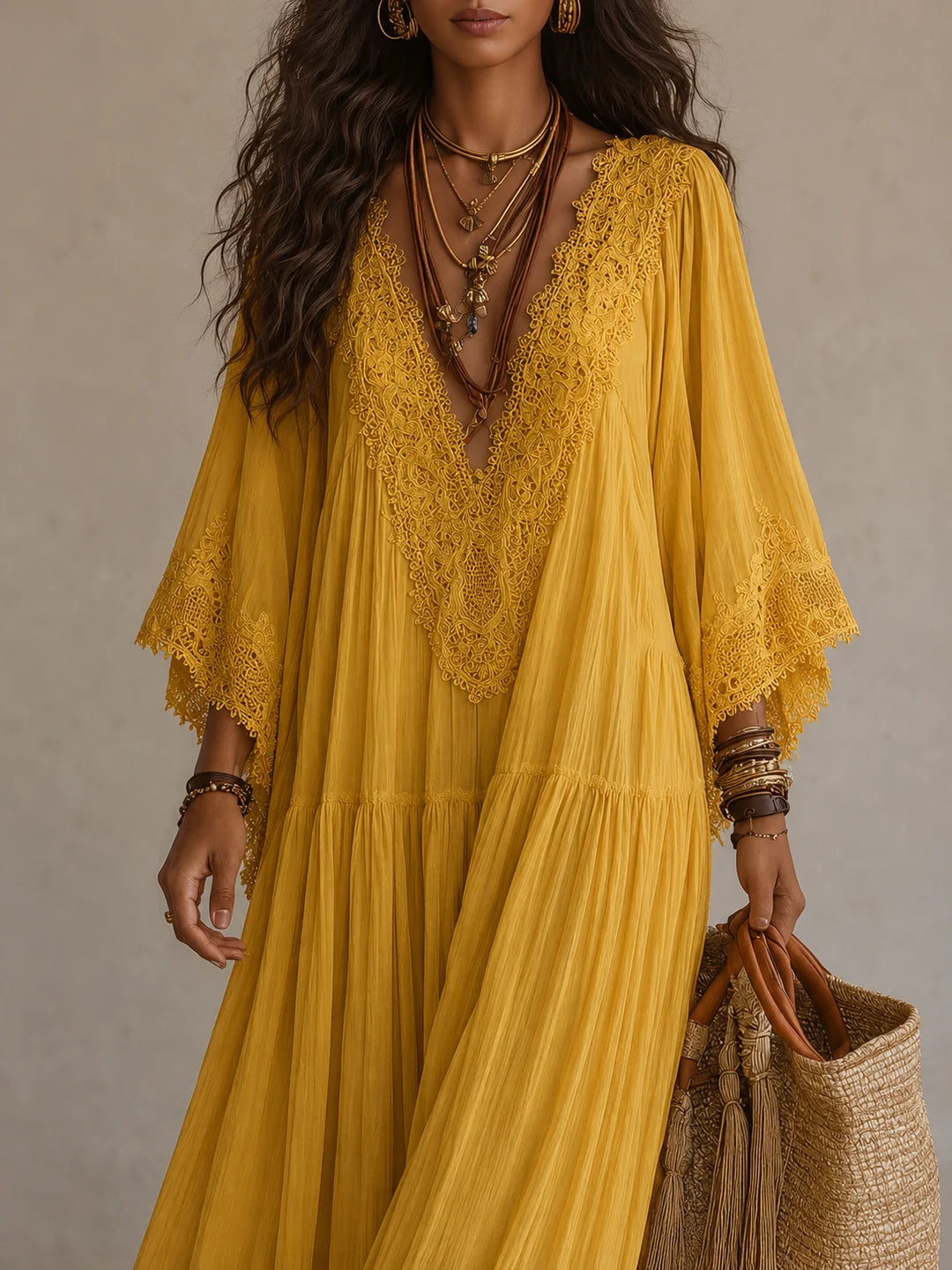 Vestido largo de gasa para mujer con encaje y falda de volantes