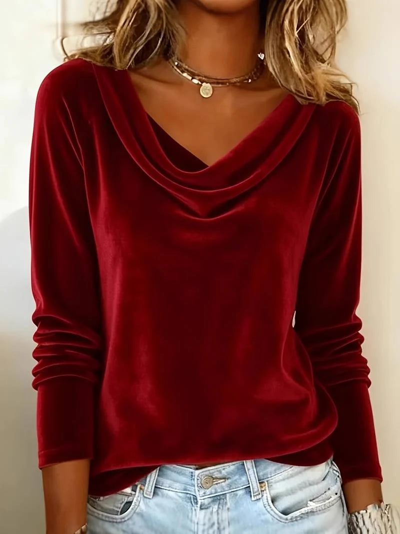Camiseta de manga larga para mujer de terciopelo con escote en V drapeado