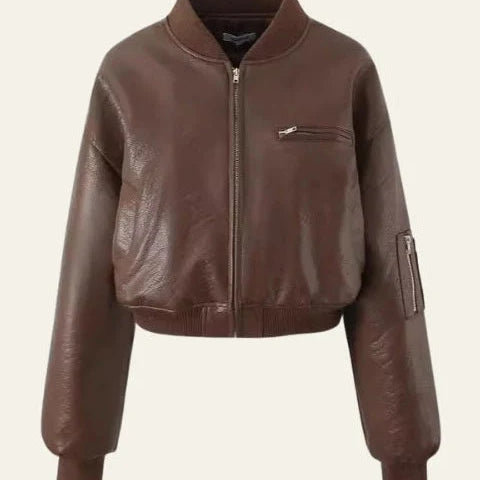 Chaqueta bomber de mujer de cuero vegano con bolsillos en el pecho