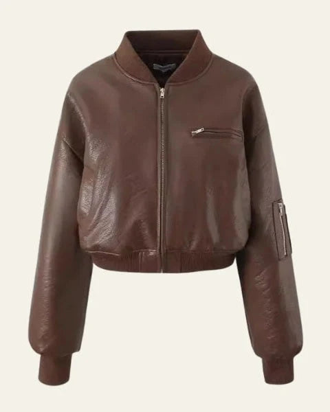 Chaqueta bomber de mujer de cuero vegano con bolsillos en el pecho