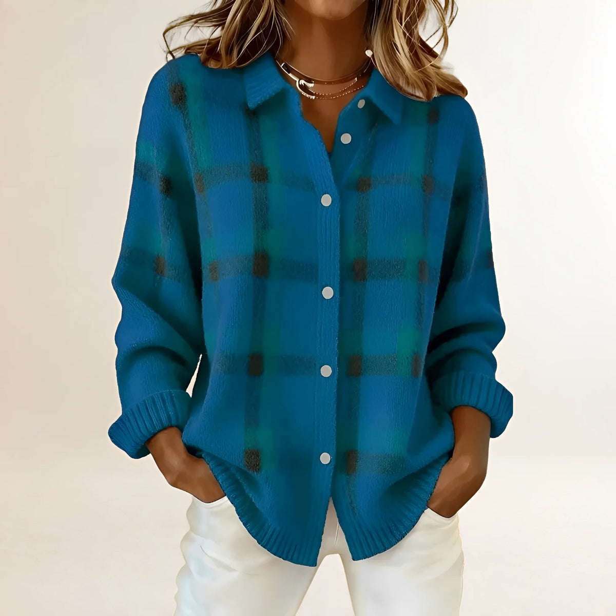 Cardigan de punto para mujer con estampado de cuadros y cuello con solapa