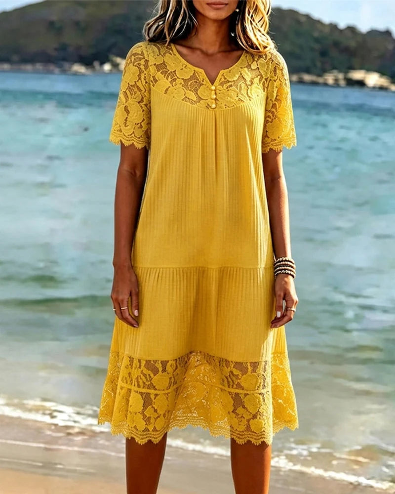 Vestido de encaje patchwork para mujer con escote en V