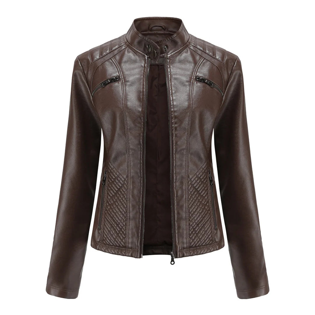 Chaqueta de cuero para mujer con cremallera asimétrica