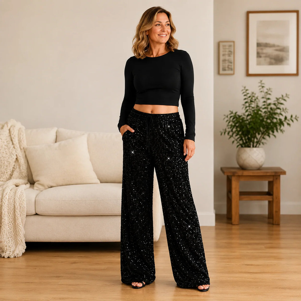 Pantalones de lentejuelas para mujer con cintura ajustable con cordón