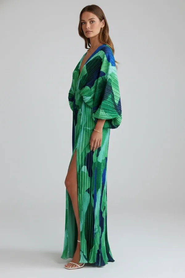 Women's Maxi Dress with Pleats and Puff Sleeves