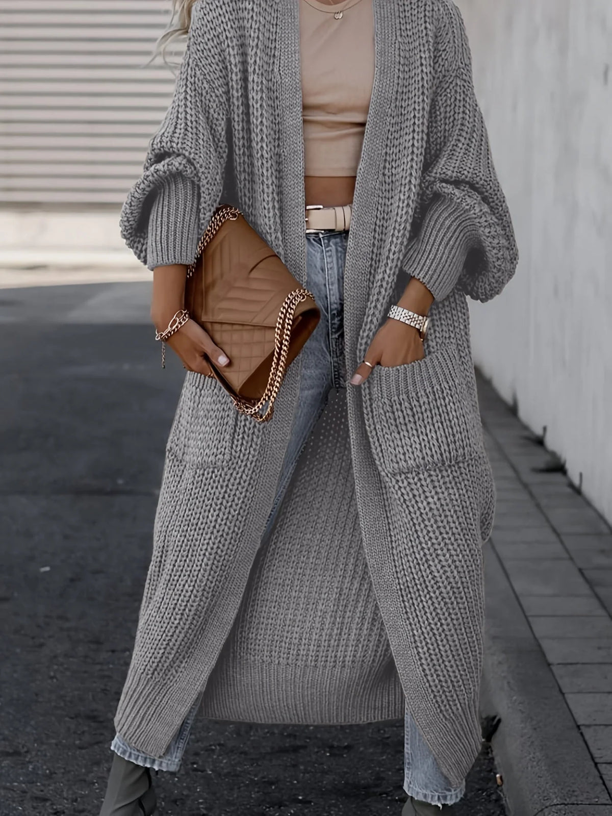 Cardigan maxi de punto fino para mujer con bolsillos laterales