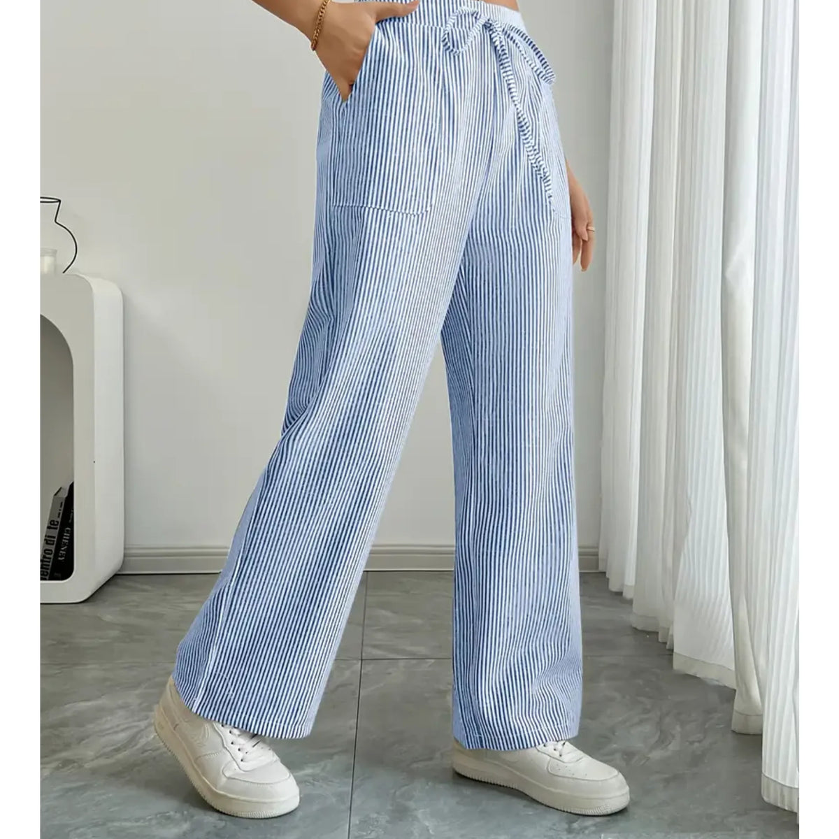 Pantalones palazzo para mujer con cintura de cordón y bolsillos