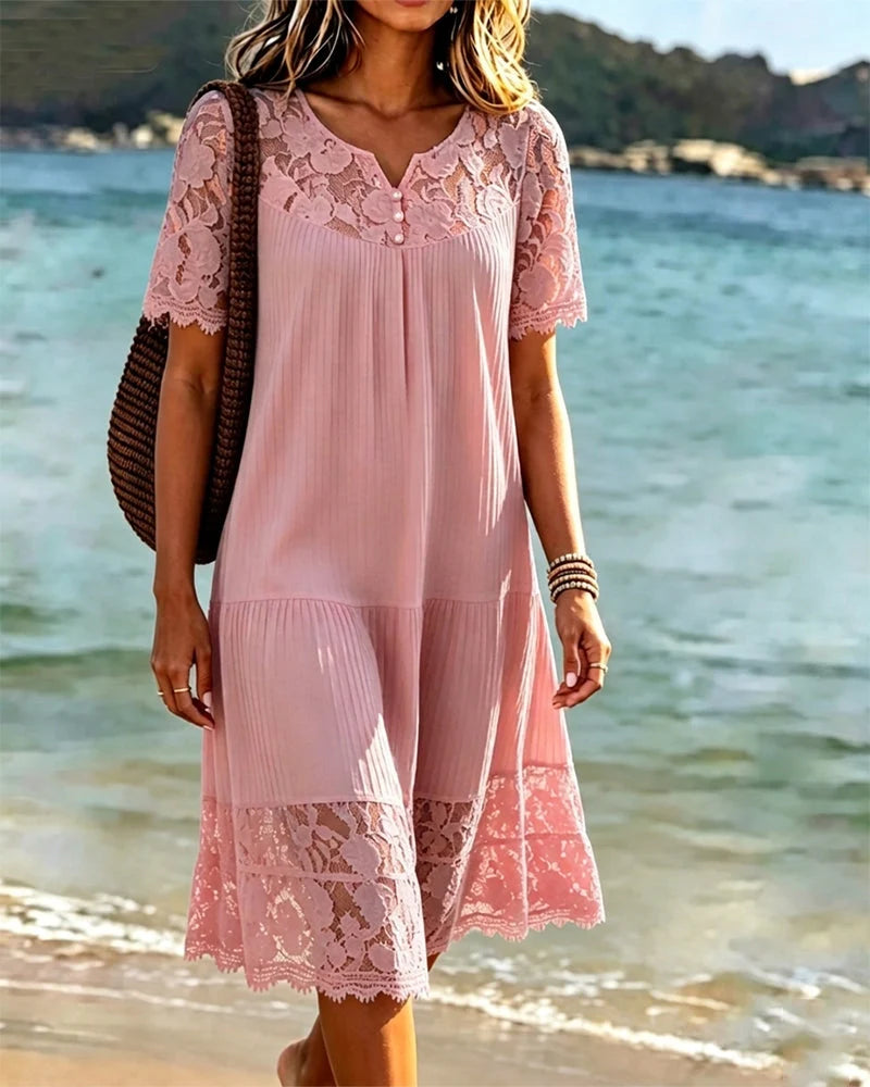Vestido de encaje patchwork para mujer con escote en V