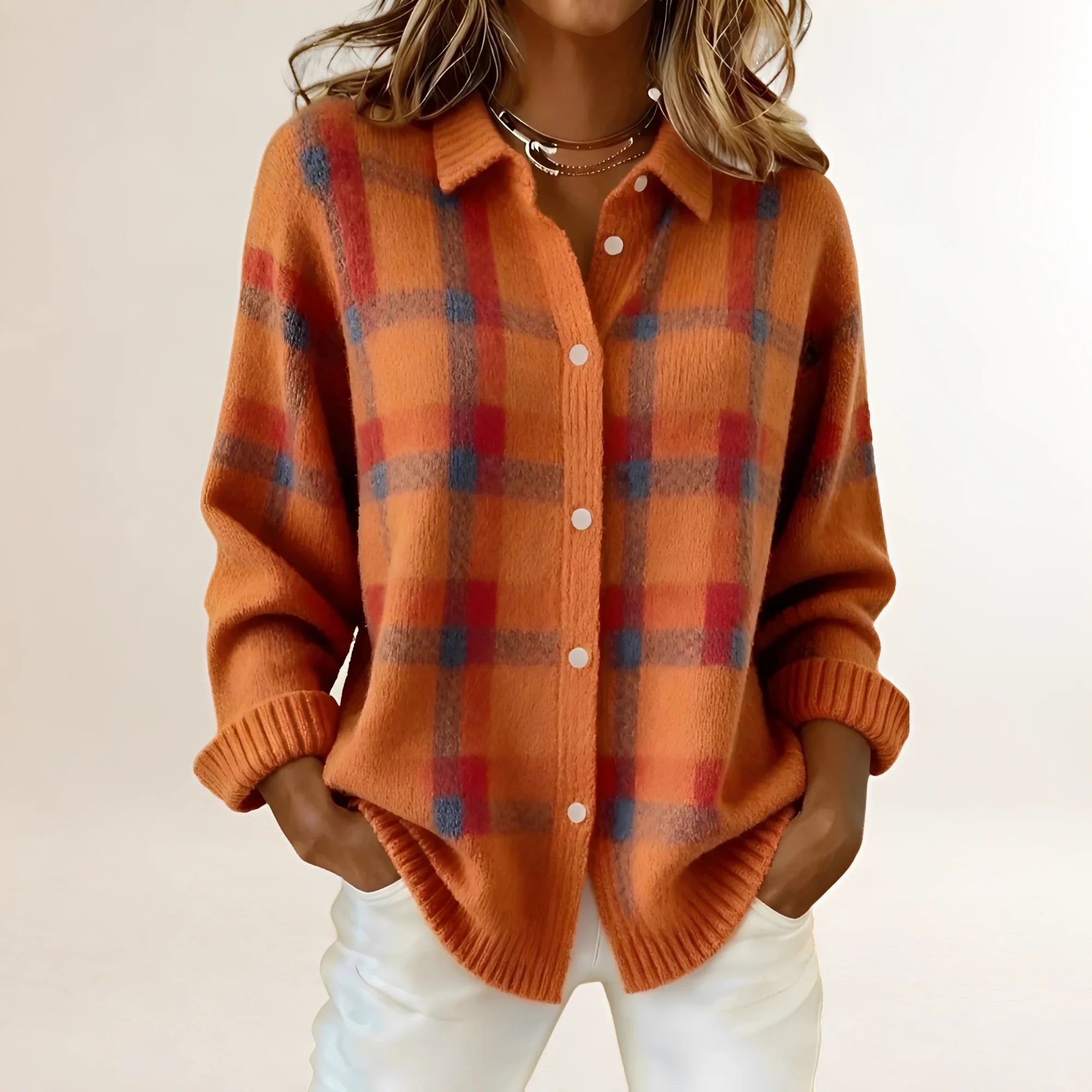 Cardigan de punto para mujer con estampado de cuadros y cuello con solapa