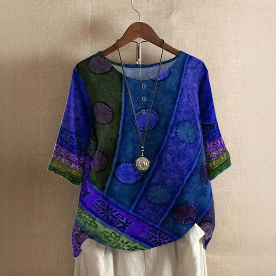 Blusa de mujer con estampado vintage y cuello redondo