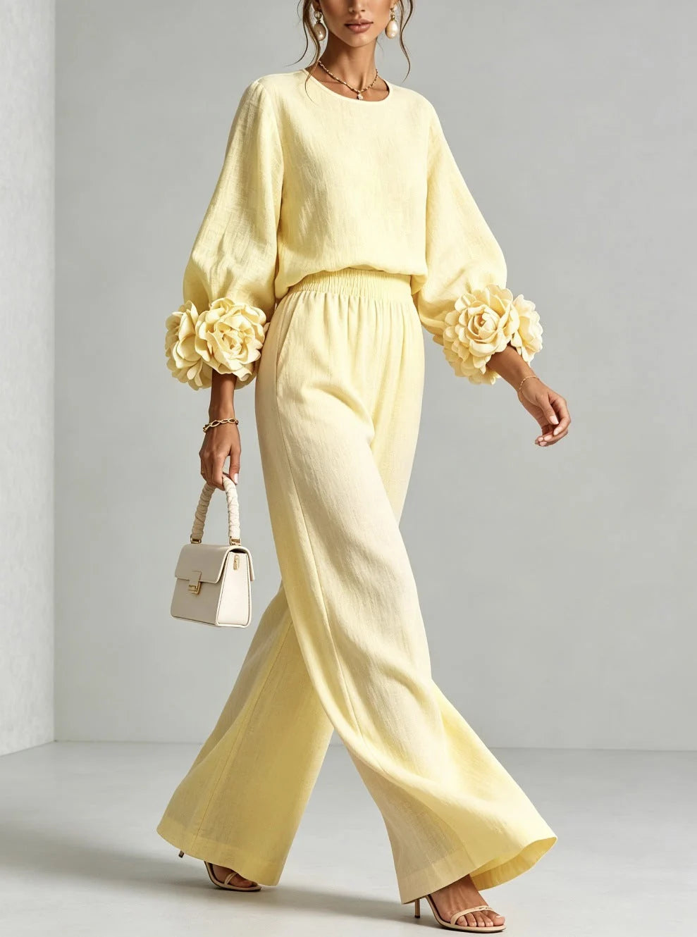 Conjunto de dos piezas para mujer con cintura alta y puños florales
