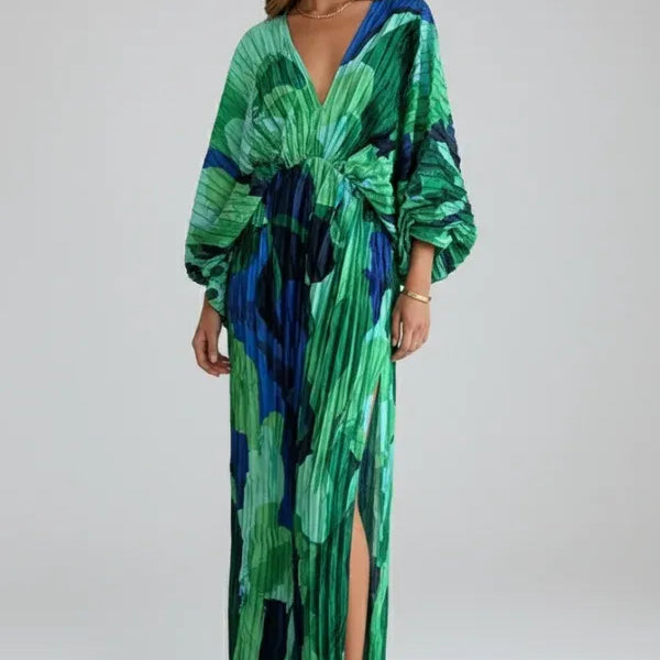 Women's Maxi Dress with Pleats and Puff Sleeves