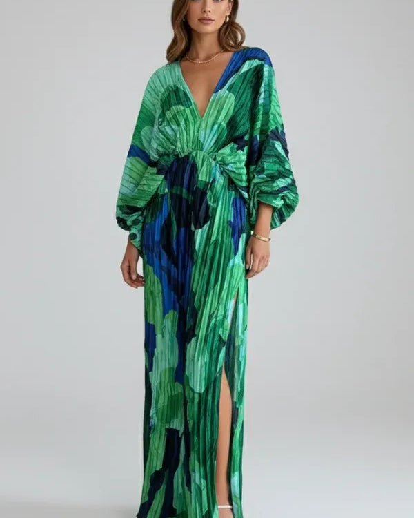 Women's Maxi Dress with Pleats and Puff Sleeves