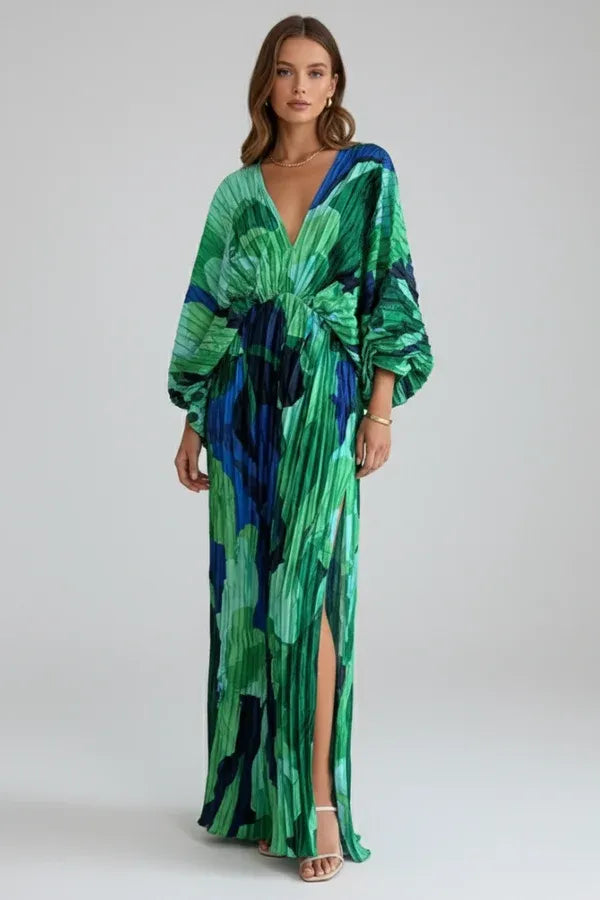 Women's Maxi Dress with Pleats and Puff Sleeves