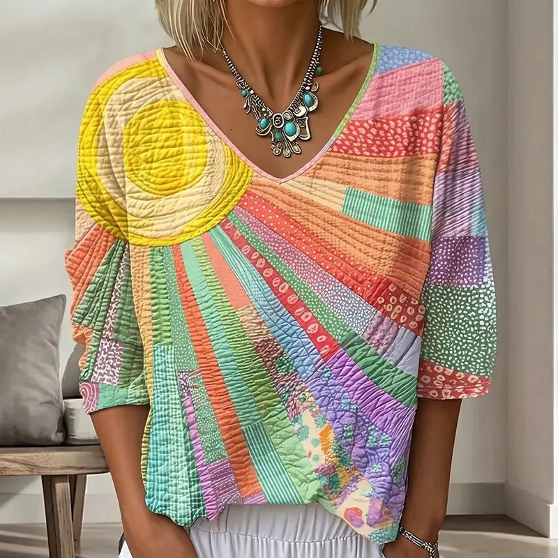 Blusa de parches para mujer con escote en V y mangas 3/4