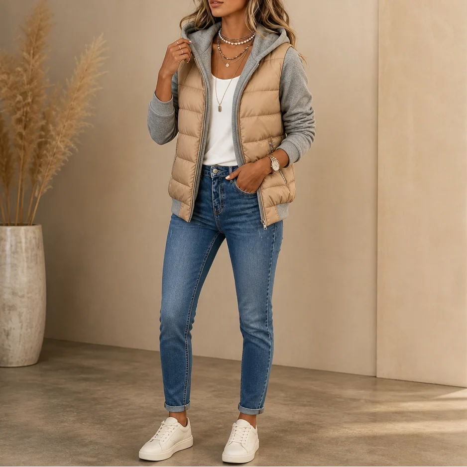 Chaqueta acolchada tipo puffer para mujer, mezcla de algodón con mangas de punto