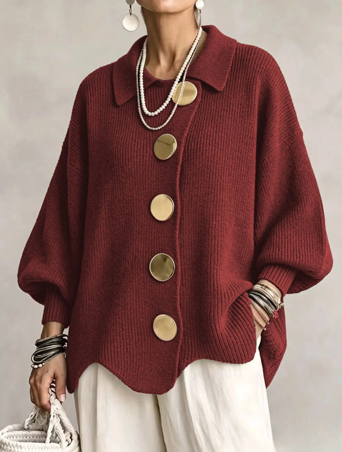 Cardigan de punto grueso para mujer con mangas farol y botones dorados
