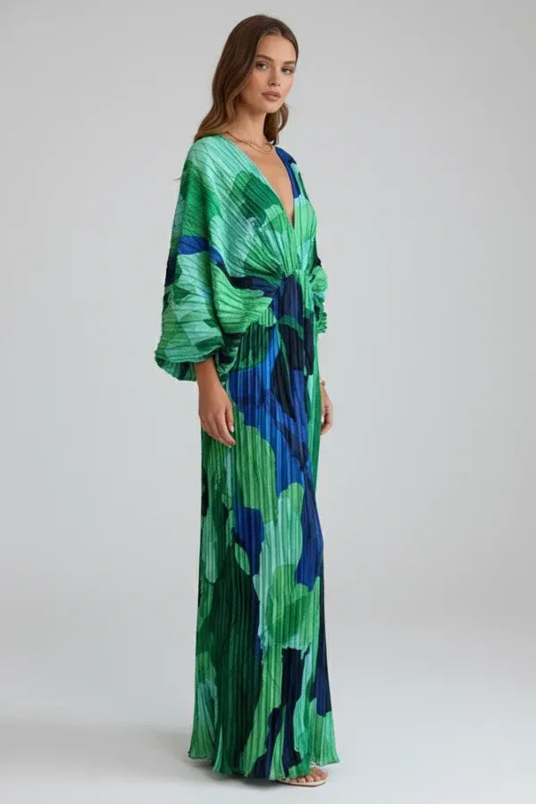 Women's Maxi Dress with Pleats and Puff Sleeves