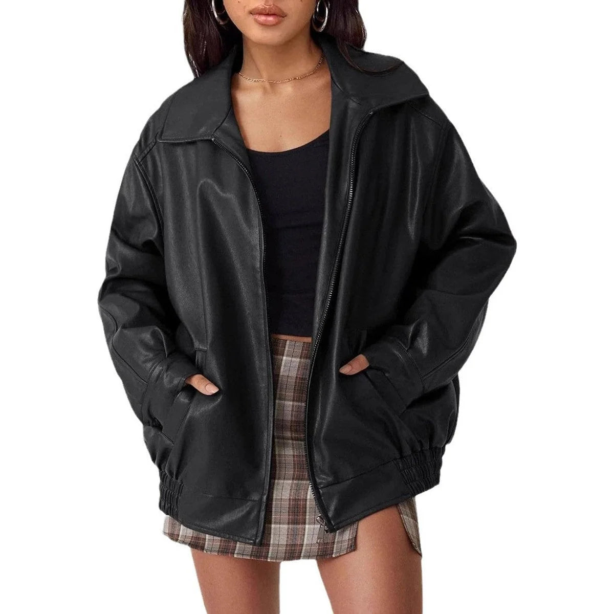 Chaqueta bomber de cuero sintético para mujer con bolsillos laterales profundos