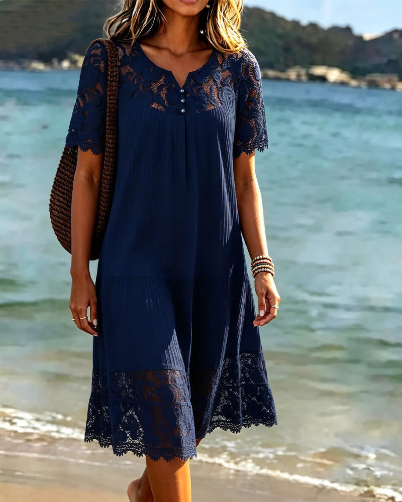 Vestido de encaje patchwork para mujer con escote en V