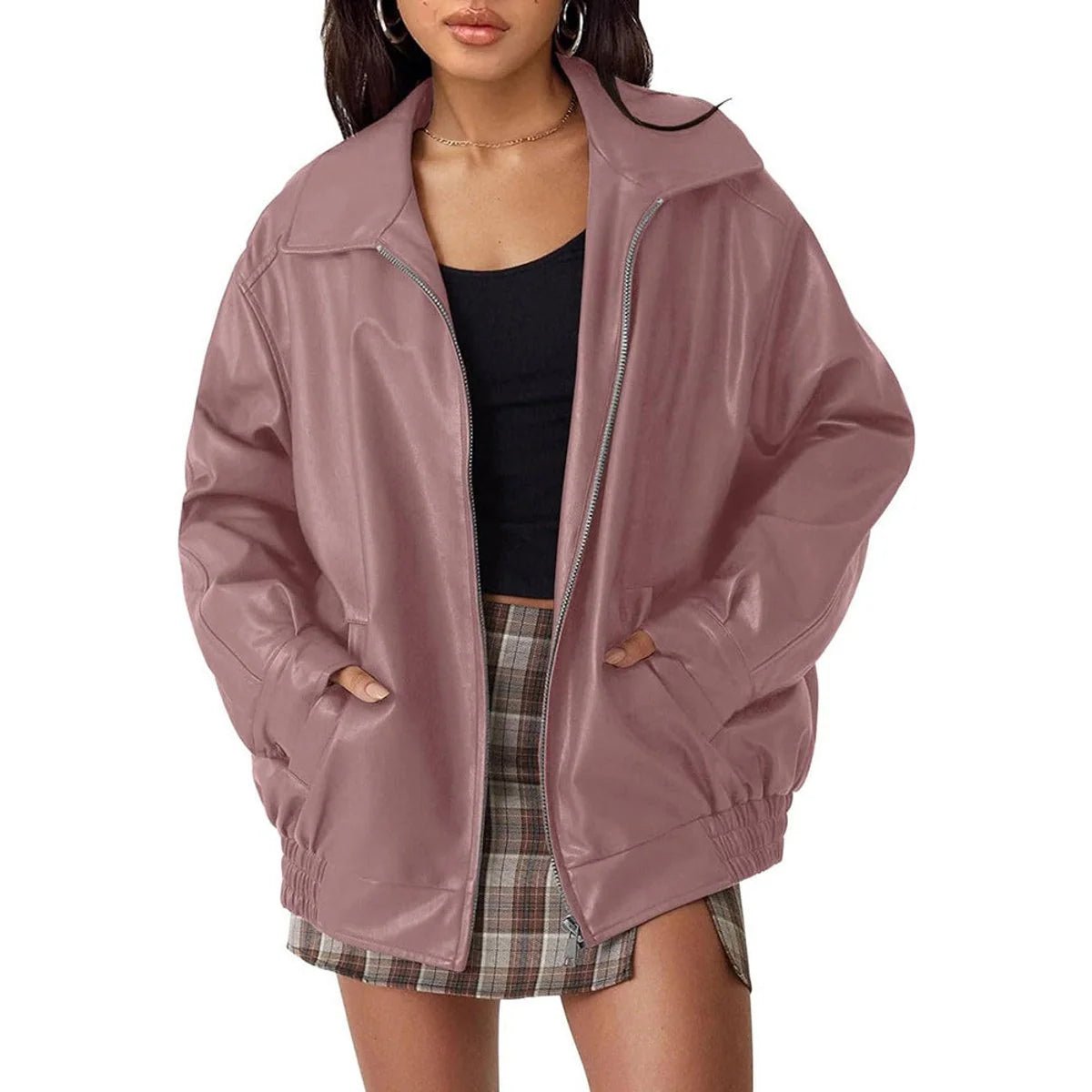 Chaqueta bomber de cuero sintético para mujer con bolsillos laterales profundos