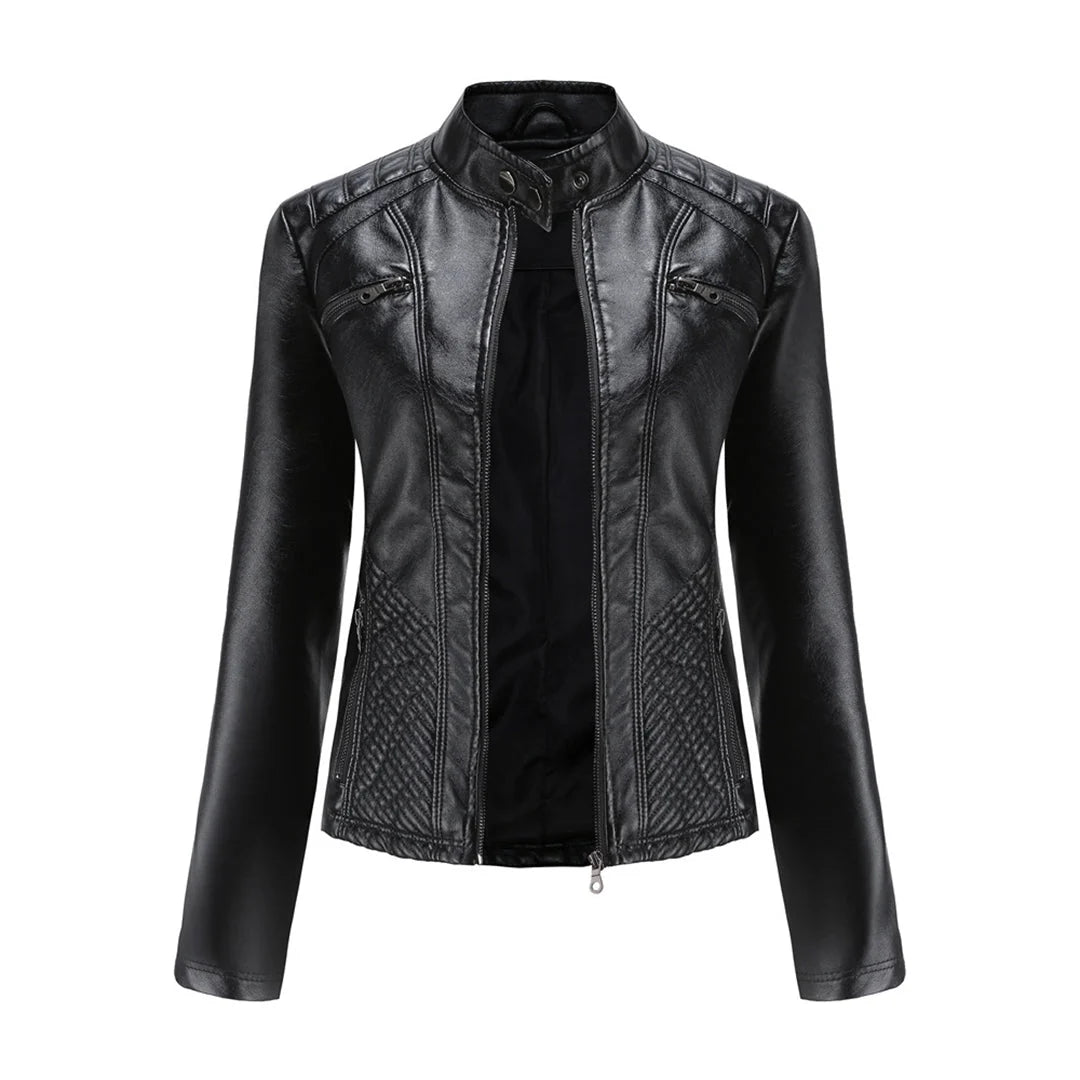 Chaqueta de cuero para mujer con cremallera asimétrica