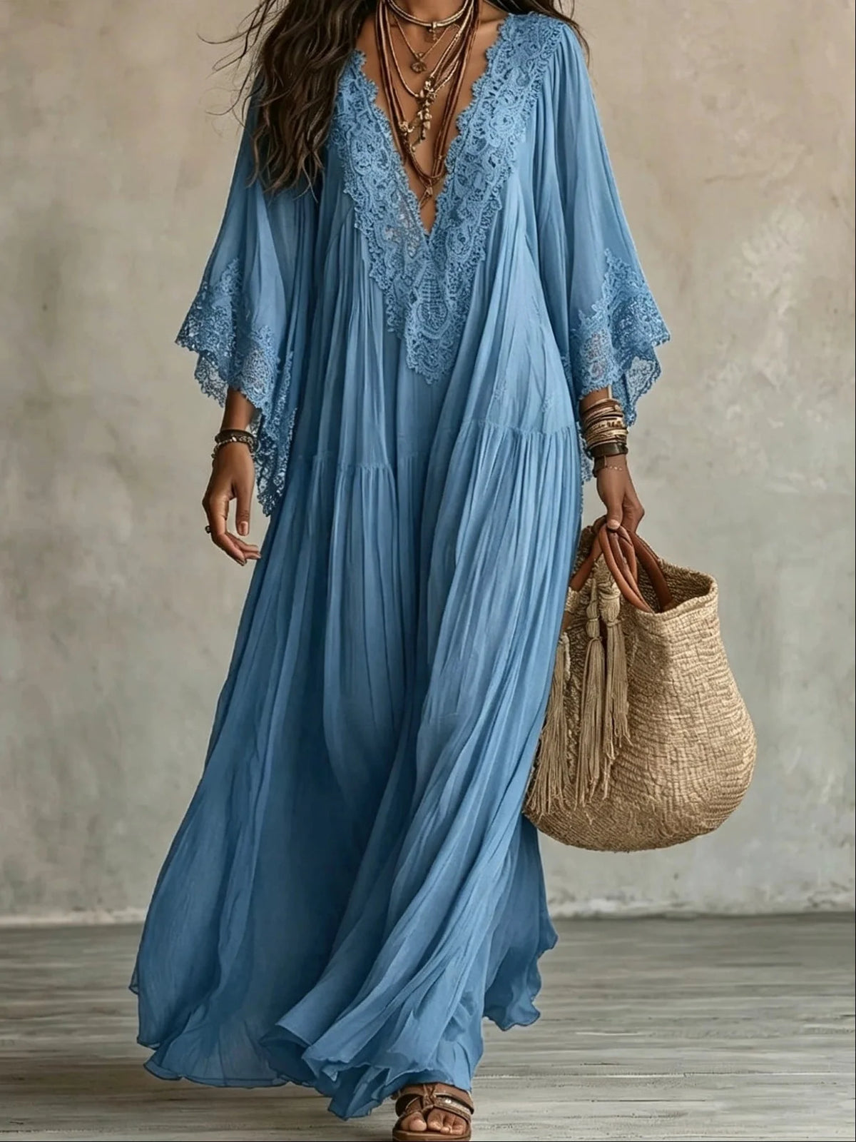 Vestido largo de mezcla de lino para mujer con mangas de encaje