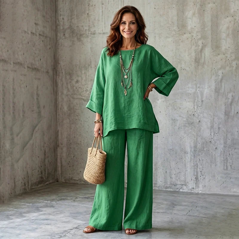 Conjunto de dos piezas para mujer estilo lino con mangas amplias y pantalones anchos