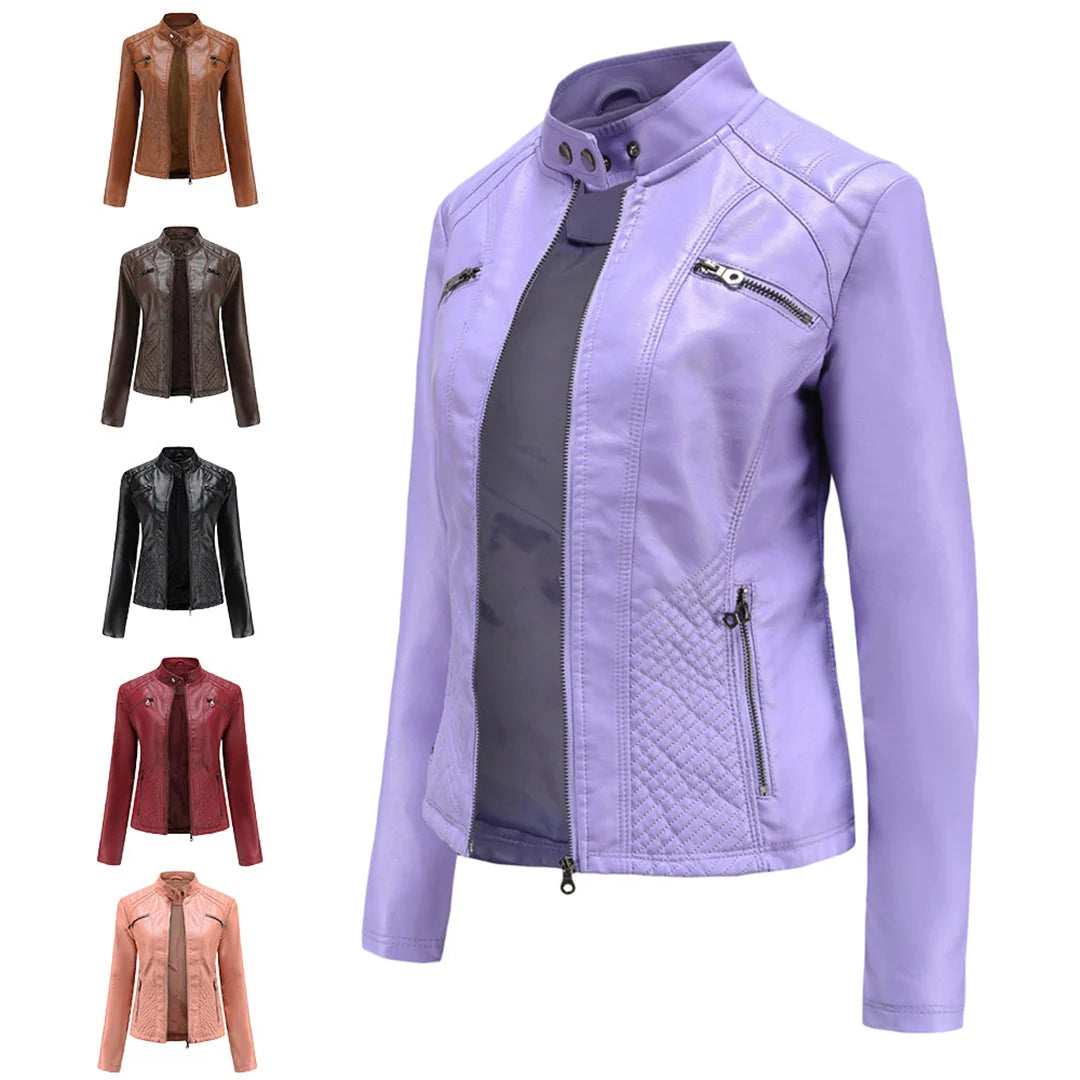 Chaqueta de cuero para mujer con cremallera asimétrica