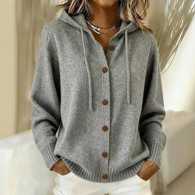 Chaqueta de punto con capucha para mujer y cierre de botones