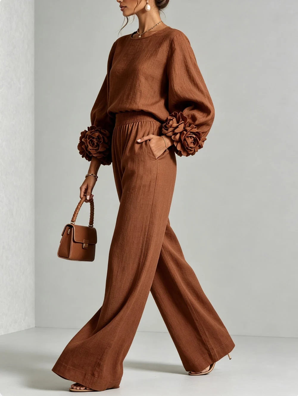 Conjunto de dos piezas para mujer con cintura alta y puños florales