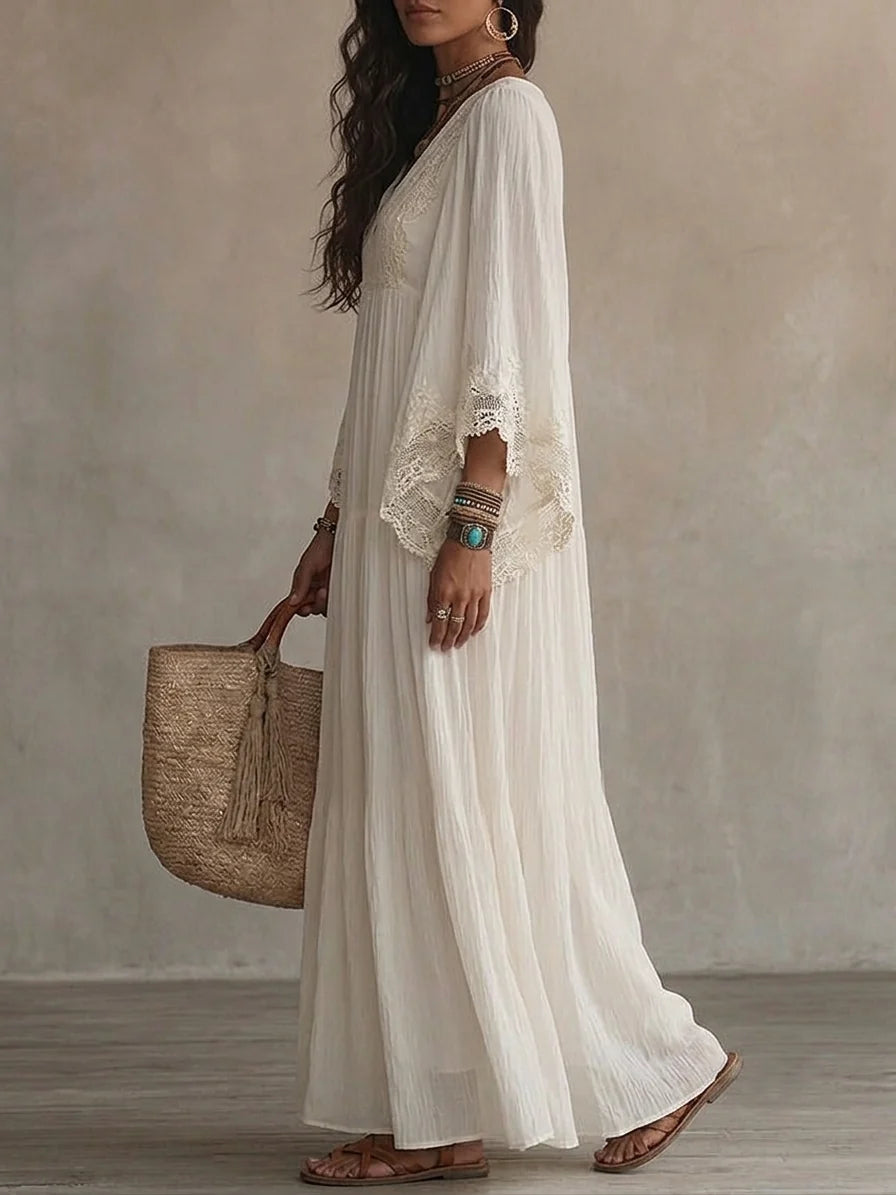 Vestido largo de mezcla de lino para mujer con mangas de encaje