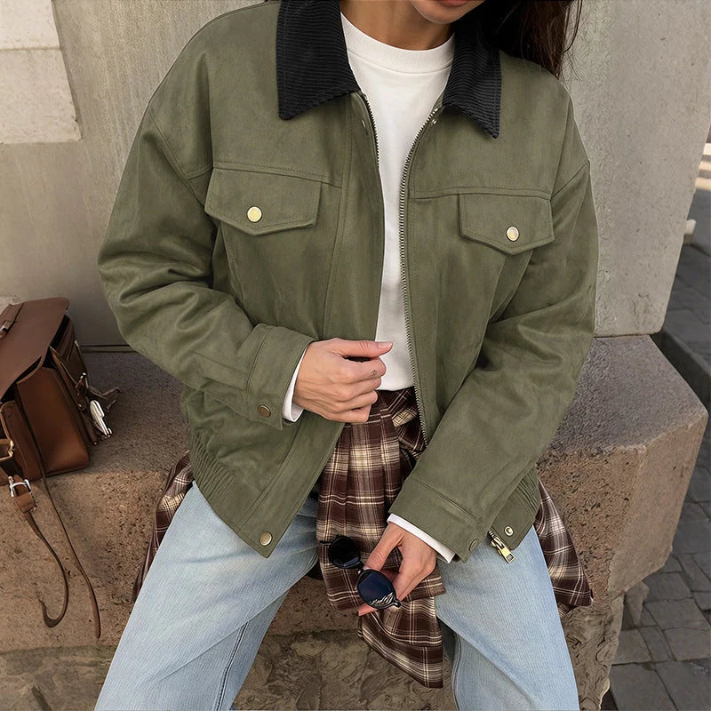 Chaqueta de mujer de ante sintético con cuello de pana