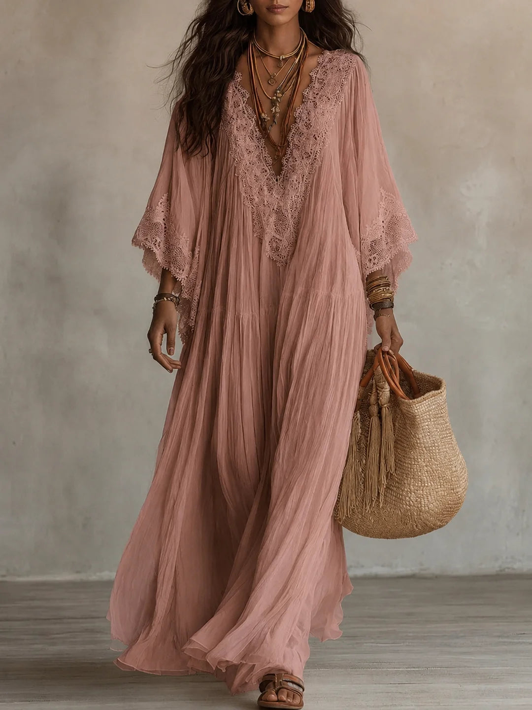 Vestido largo de gasa para mujer con encaje y falda de volantes