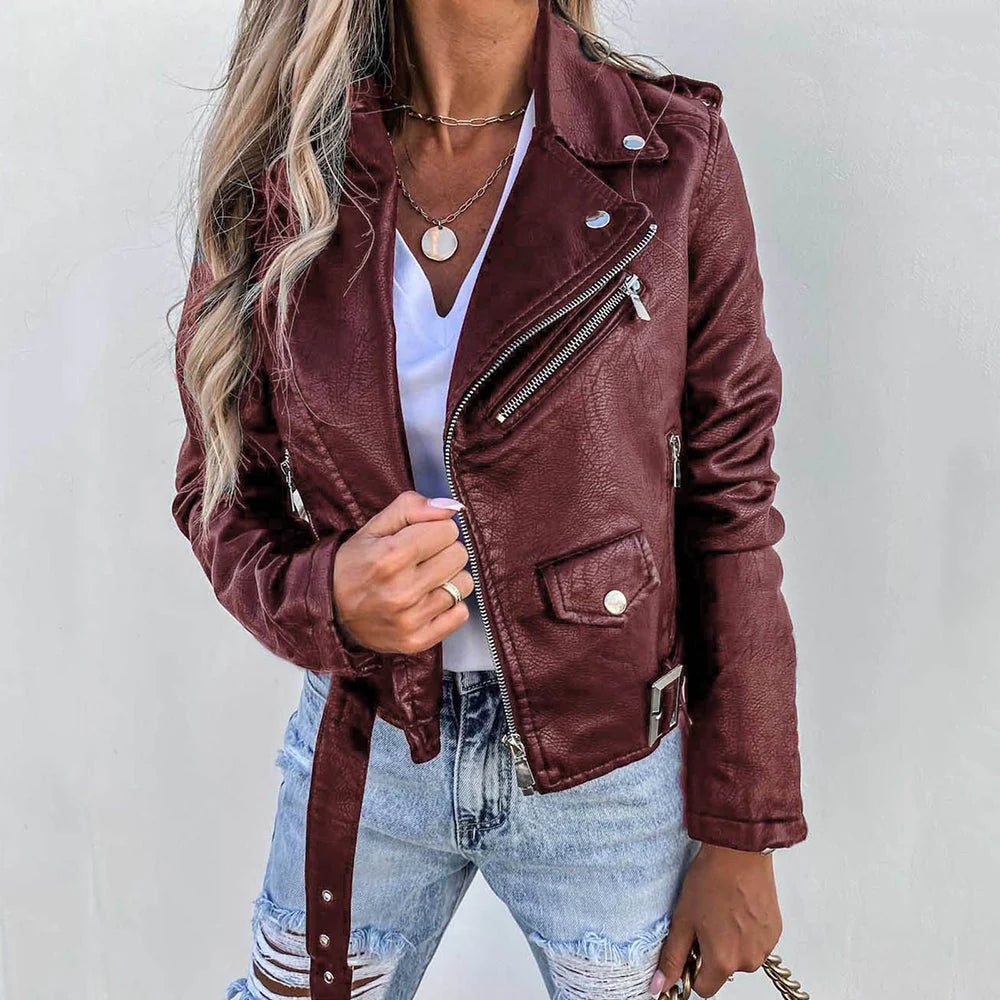 Chaqueta de motociclista de cuero para mujer con cinturón ajustable en la cintura