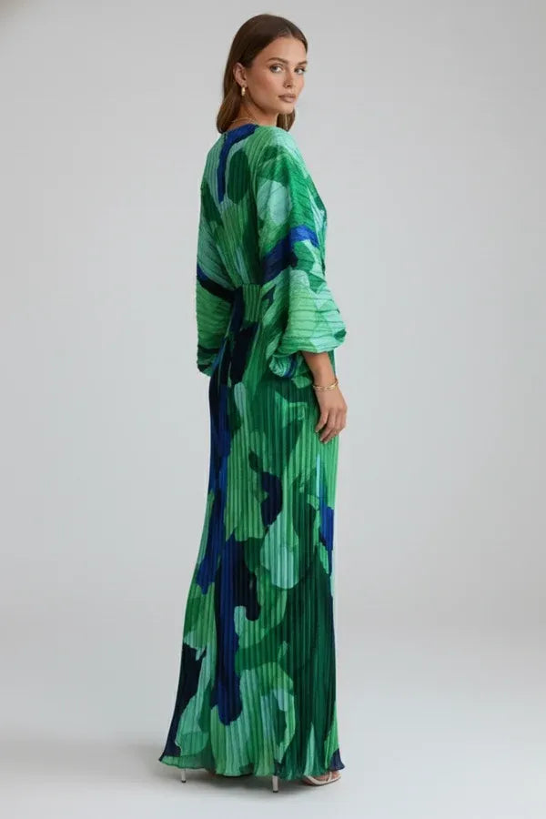 Women's Maxi Dress with Pleats and Puff Sleeves