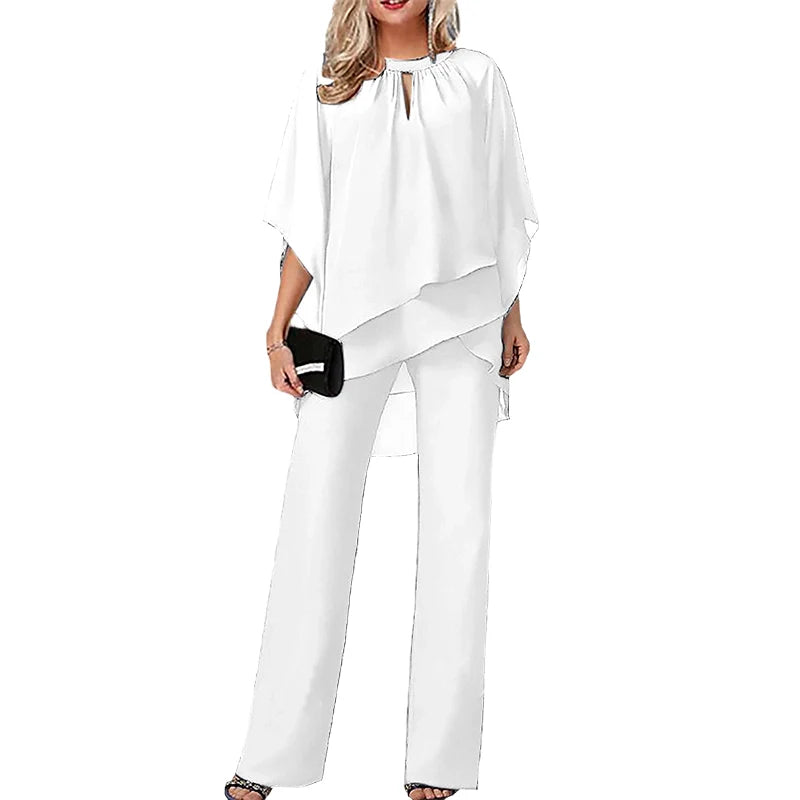 Conjunto de mujer con blusa asimétrica y pantalón de pierna ancha