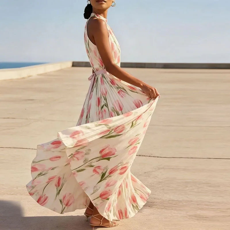 Vestido largo plisado para mujer con estampado floral