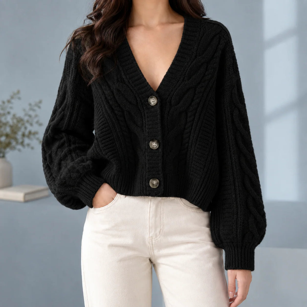 Chaqueta de punto trenzado para mujer con mangas abullonadas