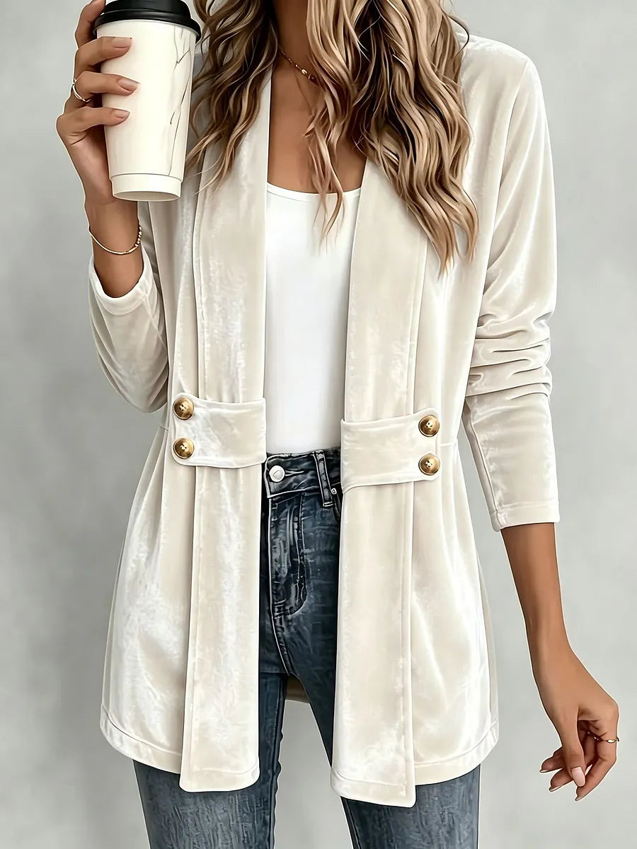 Blazer largo de terciopelo para mujer con solapas en la cintura