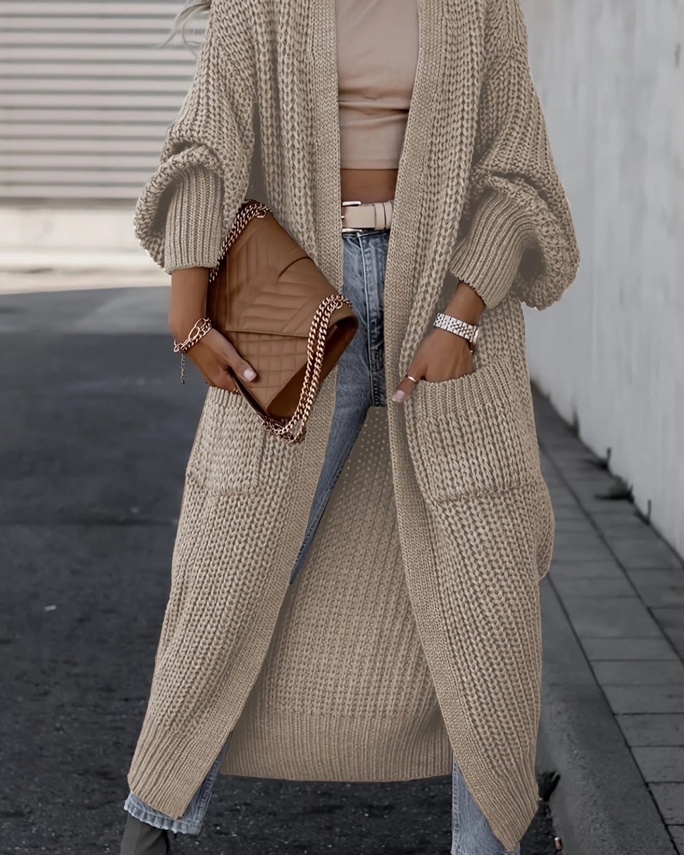 Cardigan maxi de punto fino para mujer con bolsillos laterales